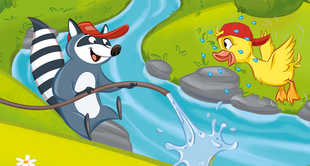 A raccoon holding a water hose is spraying water at a startled duck in a lush green forest setting.