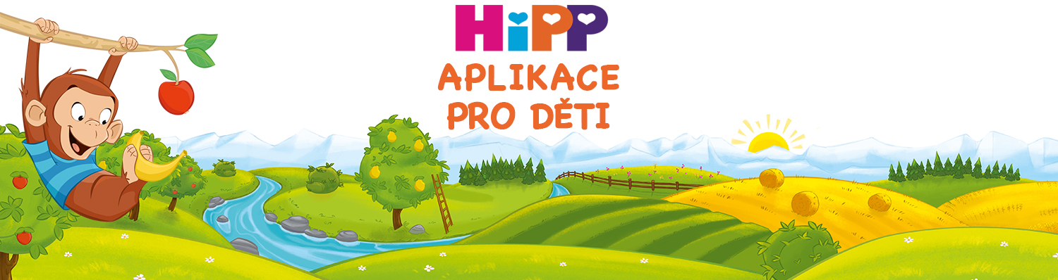 Na pozadí svěží krajiny s řekou, kopci a východem slunce se na větvi stromu houpe opice s banánem a jablkem.