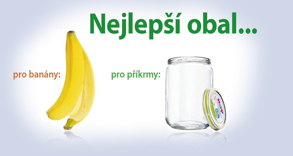 Banán a skleněná nádoba jsou opatřeny štítky v cizím jazyce.