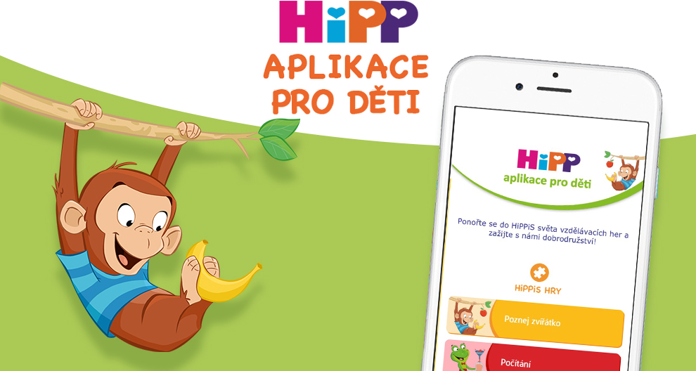 Na mobilním telefonu se zobrazí dětská aplikace s názvem "HiPP" s kreslenou opičkou držící banán a textovým popisem v cizím jazyce.