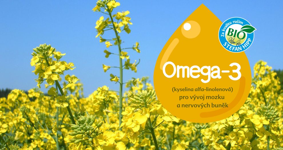 Zářivé pole žlutých květů s velkou grafikou uprostřed zdůrazňující prospěšnost omega-3 mastných kyselin.