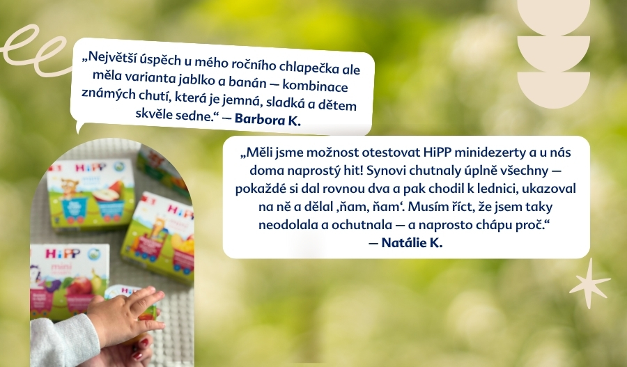 Dětská ruka se natahuje po barevné krabici výrobku HiPP, vedle které jsou dvě recenze zákazníků v cizím jazyce.