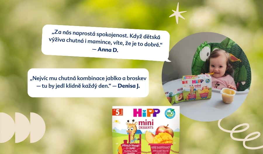 Dítě sedí u stolu s krabičkou bio dětské výživy a jsou na něm citáty o výrobku.