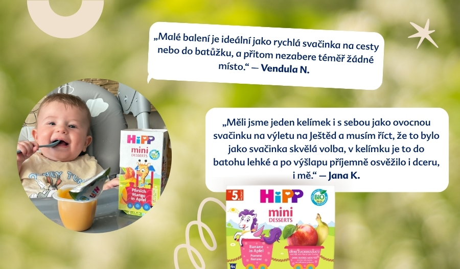Dítě jí z kontejneru s mini dezerty HiPP, s citátem od Venduly N. a dalším od Jany K., která výrobek chválí.