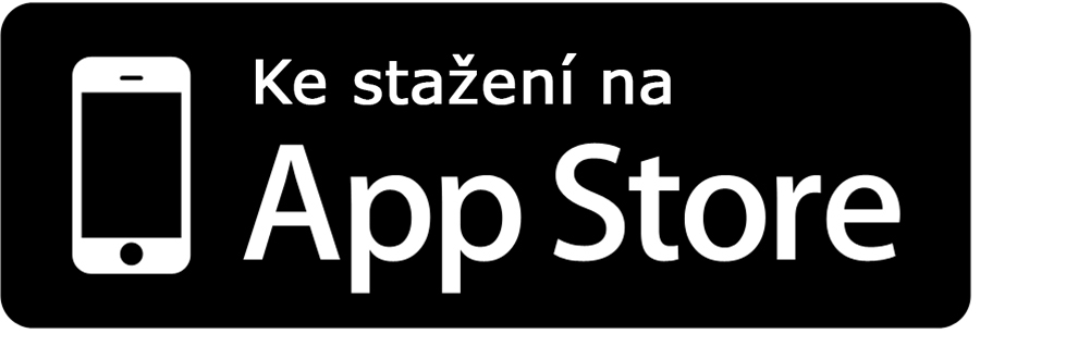 Černobílý nápis s bílou ikonou smartphonu a bílým textem "Ke stazení na App Store".
