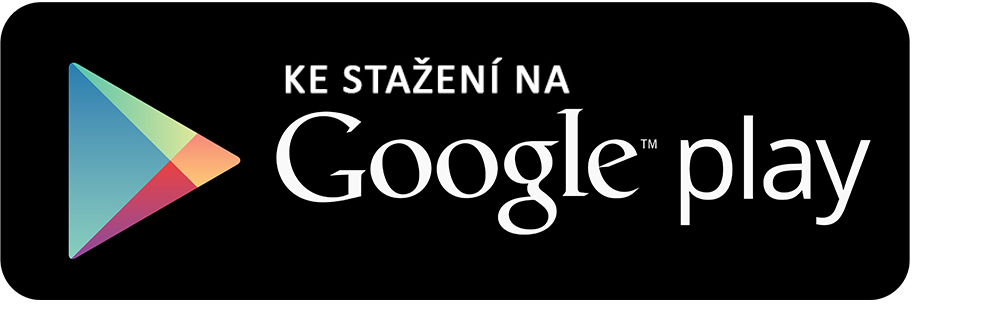 Černý obdélníkový odznak s bílým okrajem a barevným trojúhelníkovým symbolem hry na levé straně, doplněný textem "KE STÁNÍ NA" nahoře a "Google play" dole bílým písmem.