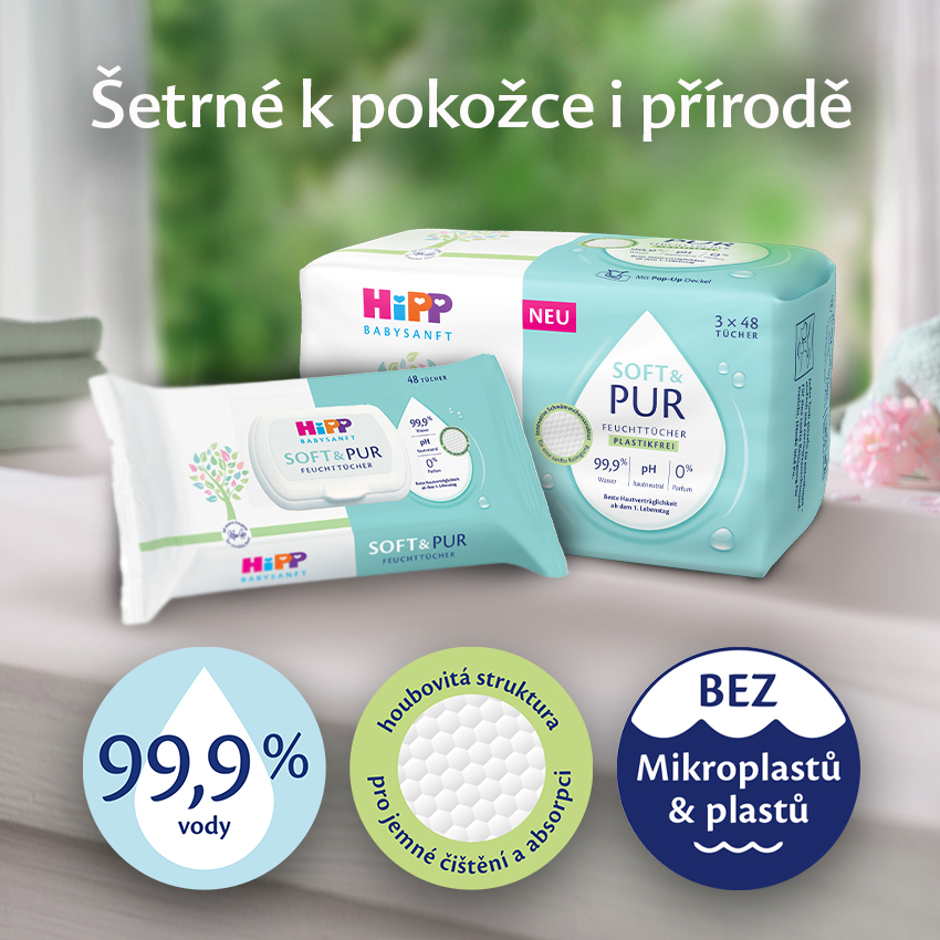 Propagační reklama na dětský výrobek, konkrétně na dětské ubrousky, s důrazem na jejich čistotu a kvalitu.