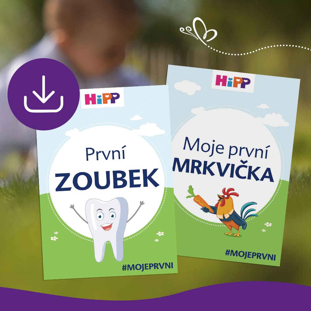 Zobrazeny jsou dvě dětské karty aktivit, jedna s postavičkou zubu a druhá s postavičkou kuřete, obě s hashtagem a ikonou ke stažení.