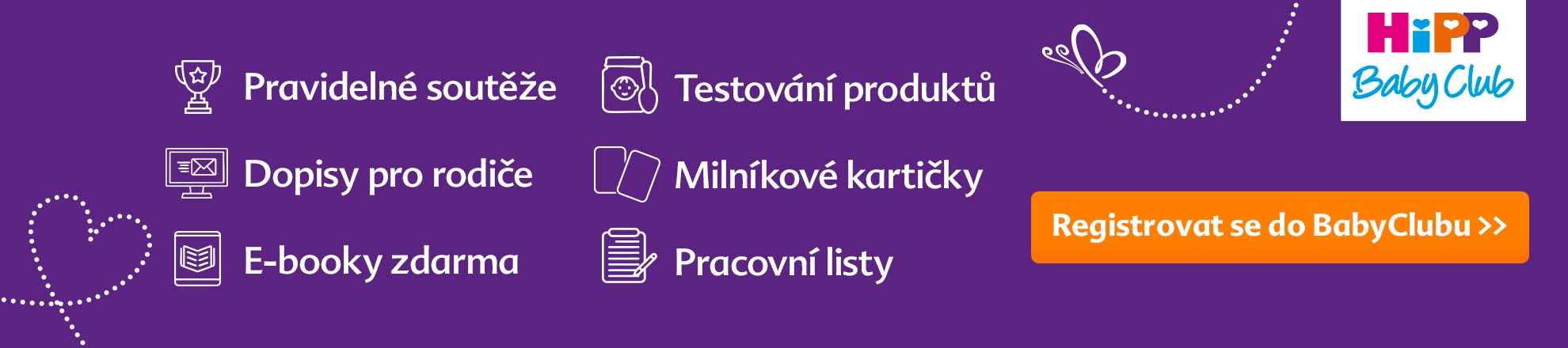 Propagační banner pro "HiPP Baby Club" s fialovým pozadím, bílými ikonami a textem a oranžovým tlačítkem vyzývajícím k registraci.