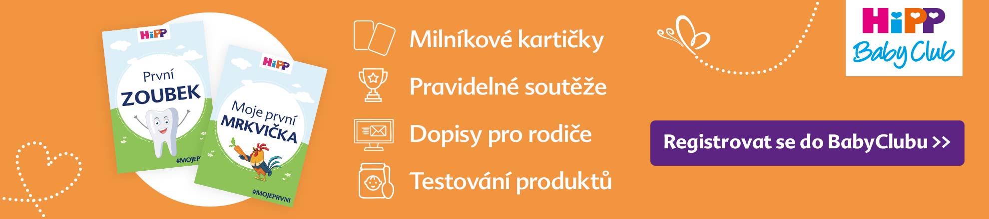 Propagační banner pro "HiPP Baby Club" se čtyřmi zvýrazněnými klíčovými funkcemi, doplněný tlačítkem s výzvou k akci.