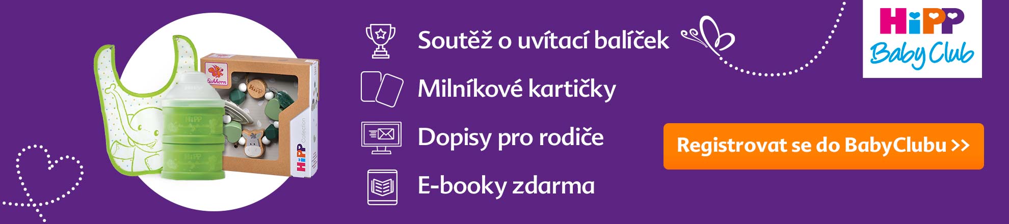 Propagační banner pro "HiPP Baby Club" se zaměřením na dětské produkty, včetně láhve na krmení a bryndáku, s výzvou k registraci.