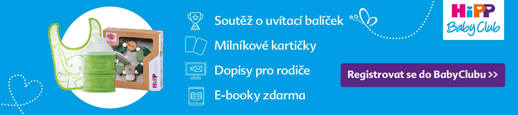 Propagační banner pro "HiPP Baby Club" se zaměřením na dětské produkty, včetně bryndáku, kojenecké láhve a dárkové krabičky.