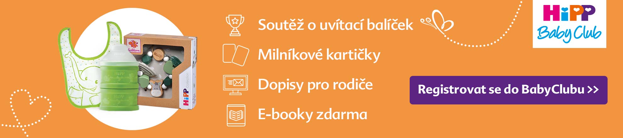 Propagační banner pro "HiPP Baby Club" se zaměřením na dětské výrobky, včetně bryndáku, kojenecké láhve a dárkové krabičky.