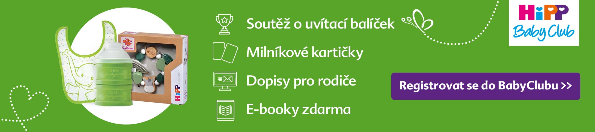 Propagační banner pro "HiPP Baby Club" se zeleným pozadím, na kterém je vyobrazena kojenecká láhev a bryndák, doplněný bílými ikonami a textem zdůrazňujícím klubové výhody, jako jsou exkluzivní nabídky, slevové karty, digitální obsah a elektronické knihy.