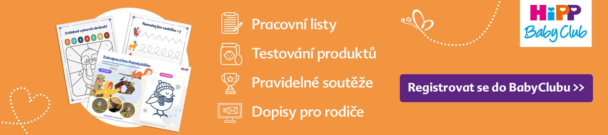 Propagační banner pro "HiPP Baby Club" se čtyřmi ikonami představujícími různé funkce nebo služby, doplněný tlačítkem s výzvou k akci vybízejícím k registraci.