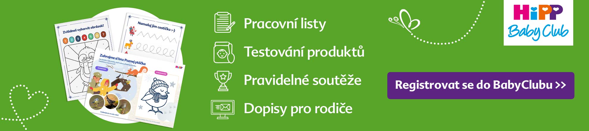 Propagační banner "HiPP Baby Club" se čtyřmi ikonami představujícími různé funkce nebo služby, doplněný tlačítkem pro registraci.