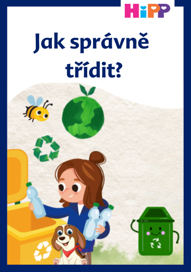 Dívka hází plastovou láhev do koše na tříděný odpad, poblíž se vznáší včela a pozoruje ji pes.