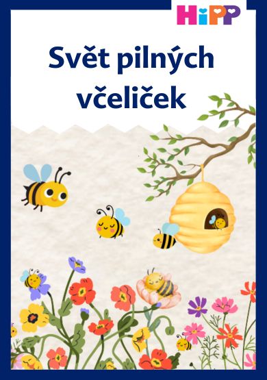 Na větvi stromu visí úl obklopený včelami a květinami.