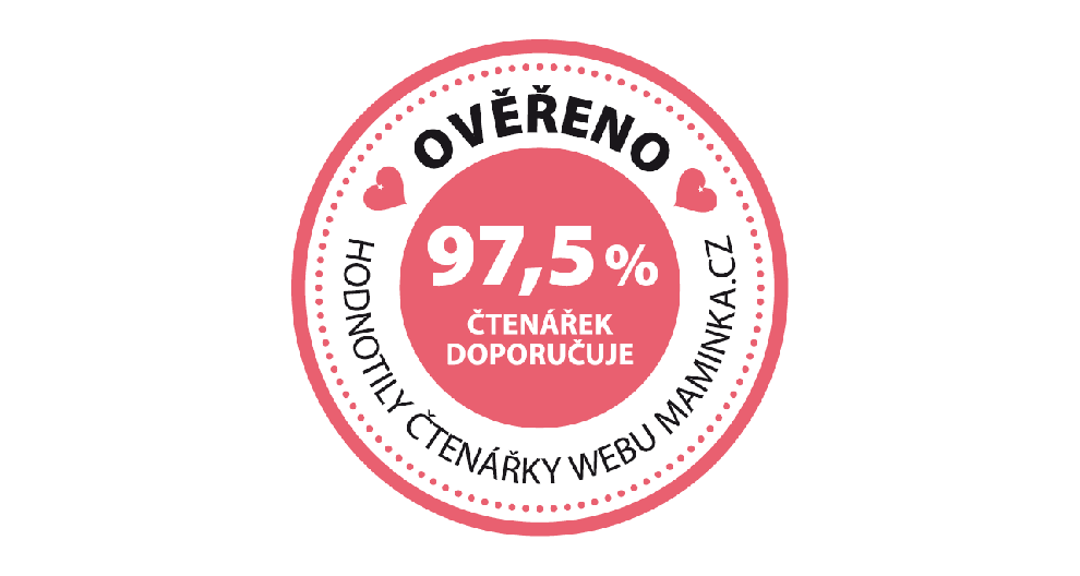 Kruhový odznak s textem "OVERENO" v horní části, "97,5% ČTENÁREK DOPORUCUE" uprostřed a "HODNOTILY ČTENÁKY WEBU MAMNKA.CZ" ve spodní části.
