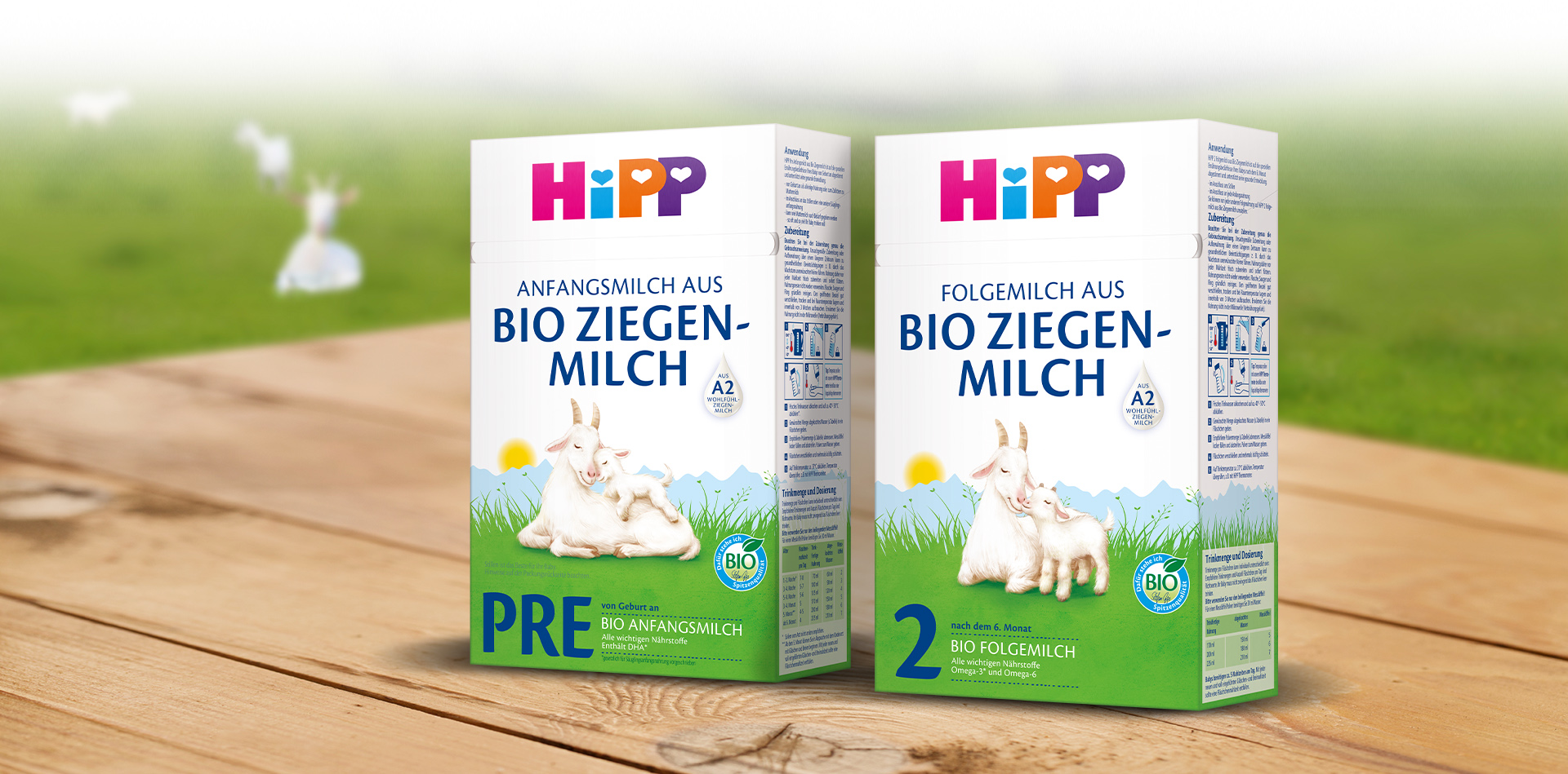 Dvě bílá pole s barevným textem a ilustracemi kozy a kůzlete jsou umístěna na dřevěném povrchu s rozmazaným zeleným pozadím s bílou kozou.