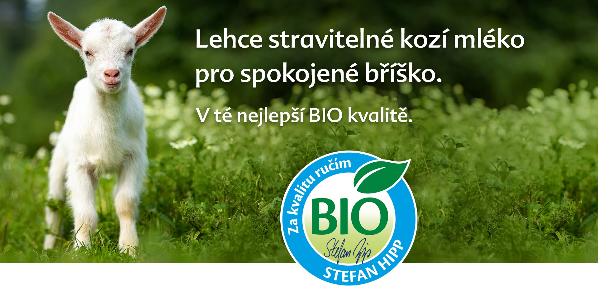 Bílá koza stojí na zeleném poli s modrobílým logem bio v popředí.