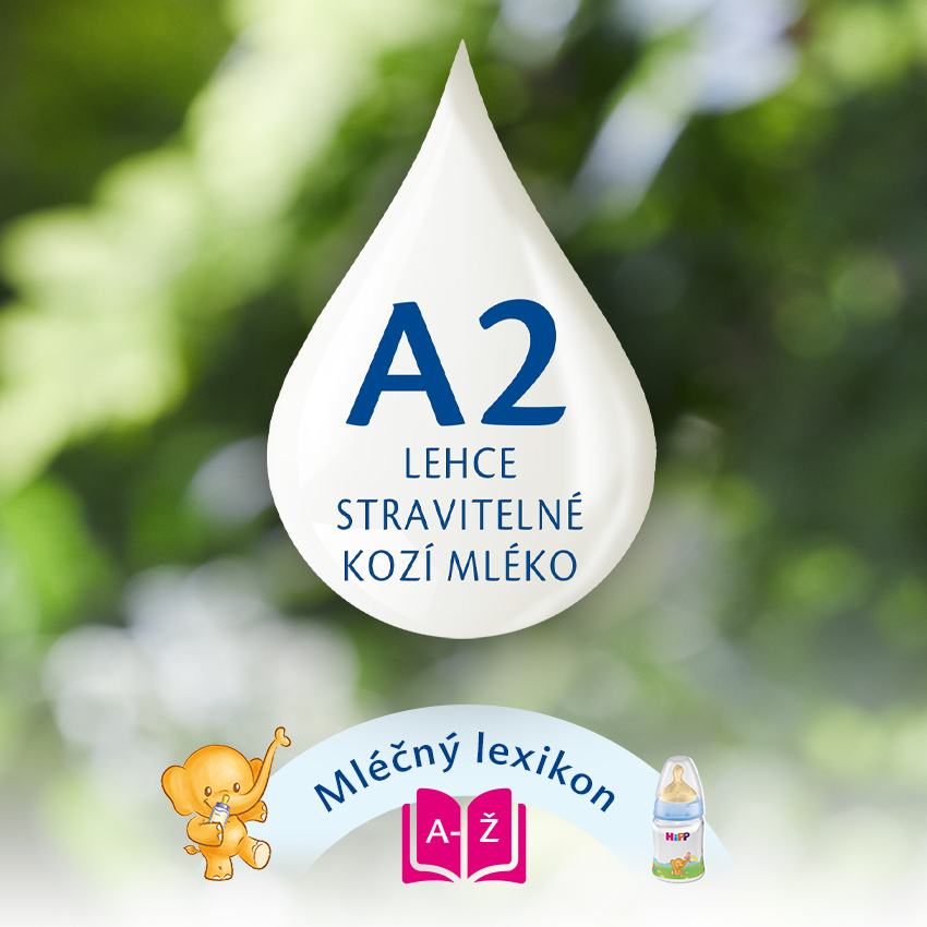 Dětská výživa pro stupeň A2 se zaměřením na podporu zdraví trávicího traktu, doplněná roztomilou postavičkou slona a kojeneckou lahvičkou.