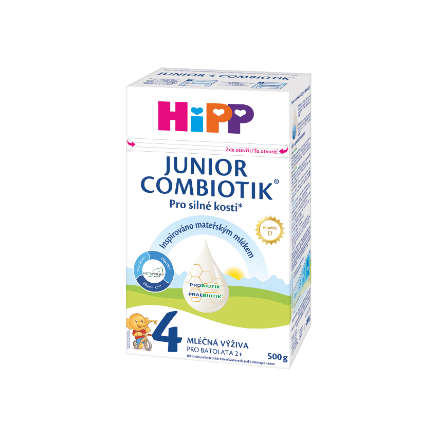 Krabice výrobku hipp junior combiotik, určeného pro kojence, s označením věku 4 měsíce, obsahuje 500 gramů prášku.