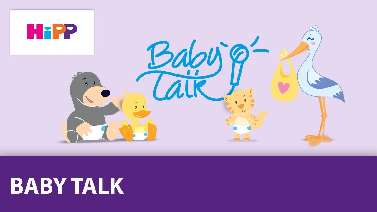 Čáp držící uzlíček se srdíčkem, medvěd, kachňátko a tygřík, to vše pod textem "baby talk" s logem "hipp" vlevo nahoře.