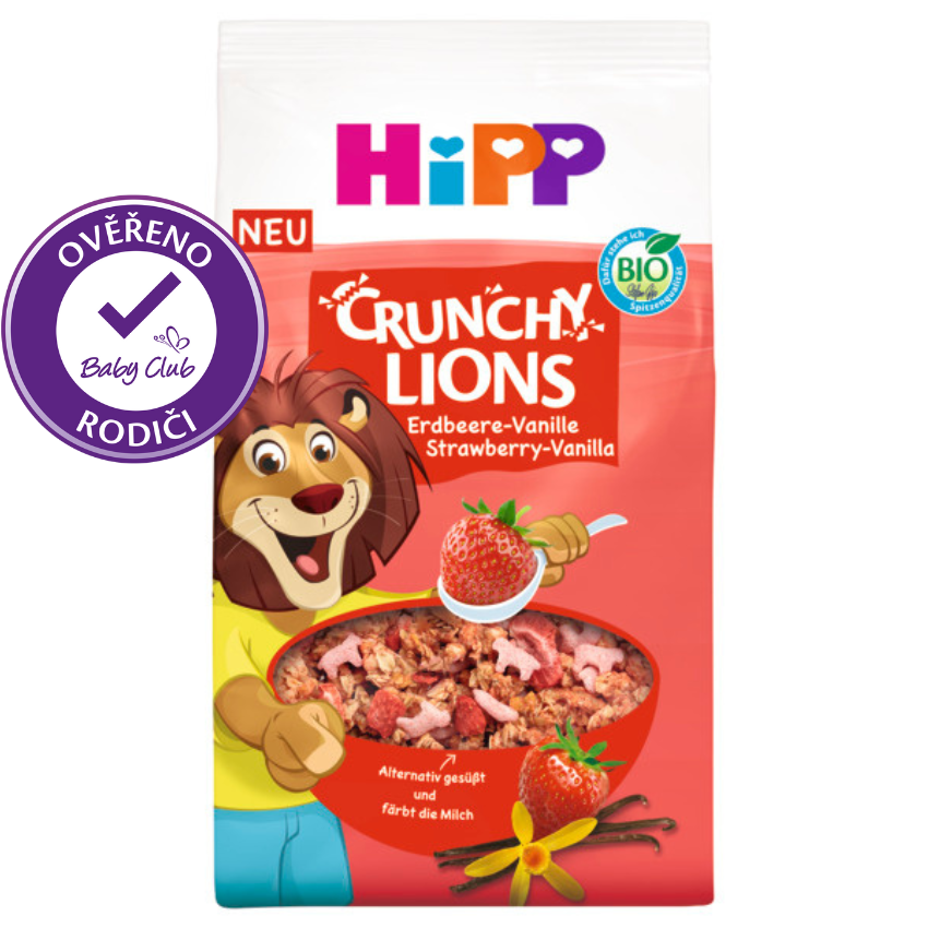 Je zobrazena krabice cereálií Crunchy Lions s jahodovou a vanilkovou příchutí a kreslenou postavičkou lva.