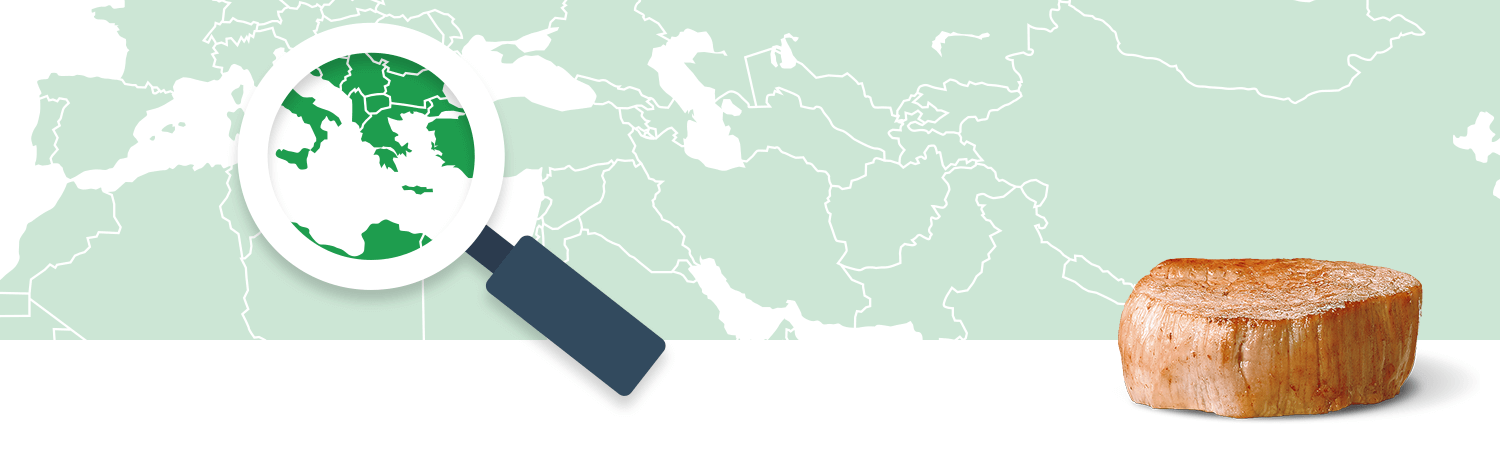 A magnifying glass focuses on a green region of a world map, while a wooden object sits in the foreground.